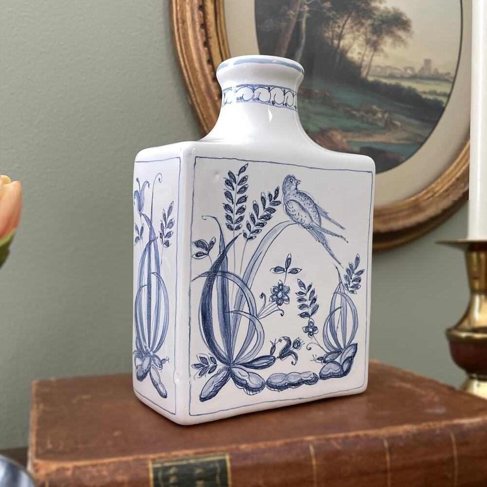 Vintage Albisola Italian Blue and White Flask Vase - Hand Painted Bird Botanical